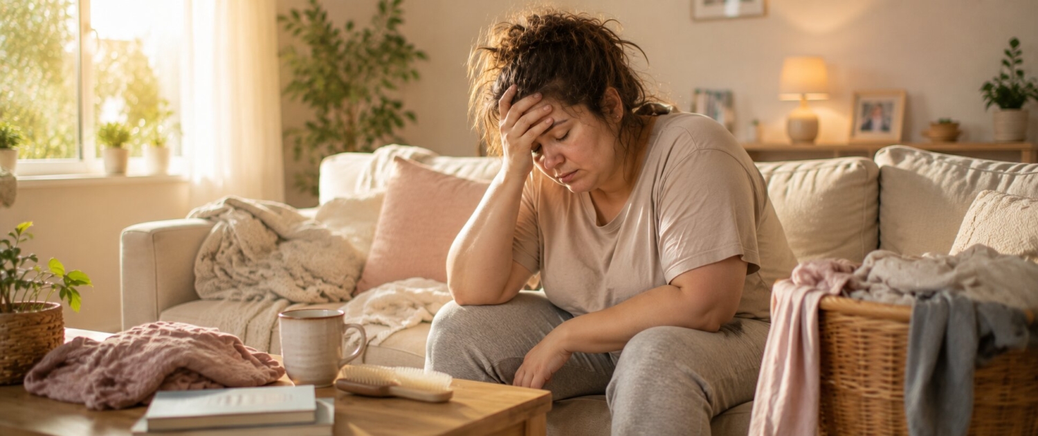 Burn-out behandelen Vrouw zit op de bank en heeft een burn-out. Ze ziet het even niet meer zitten en heeft geen energie meer om nog wat te doen.