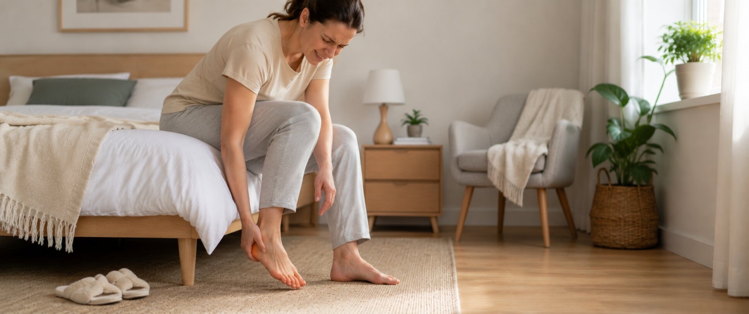 Hielspoor behandelen Vrouw met hielspoor stapt uit bed en heeft gelijk al last van haar voet.