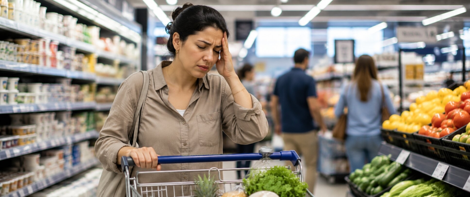 Hoofdpijn Vrouw loopt in de supermarkt en heeft last van hoofdpijn.