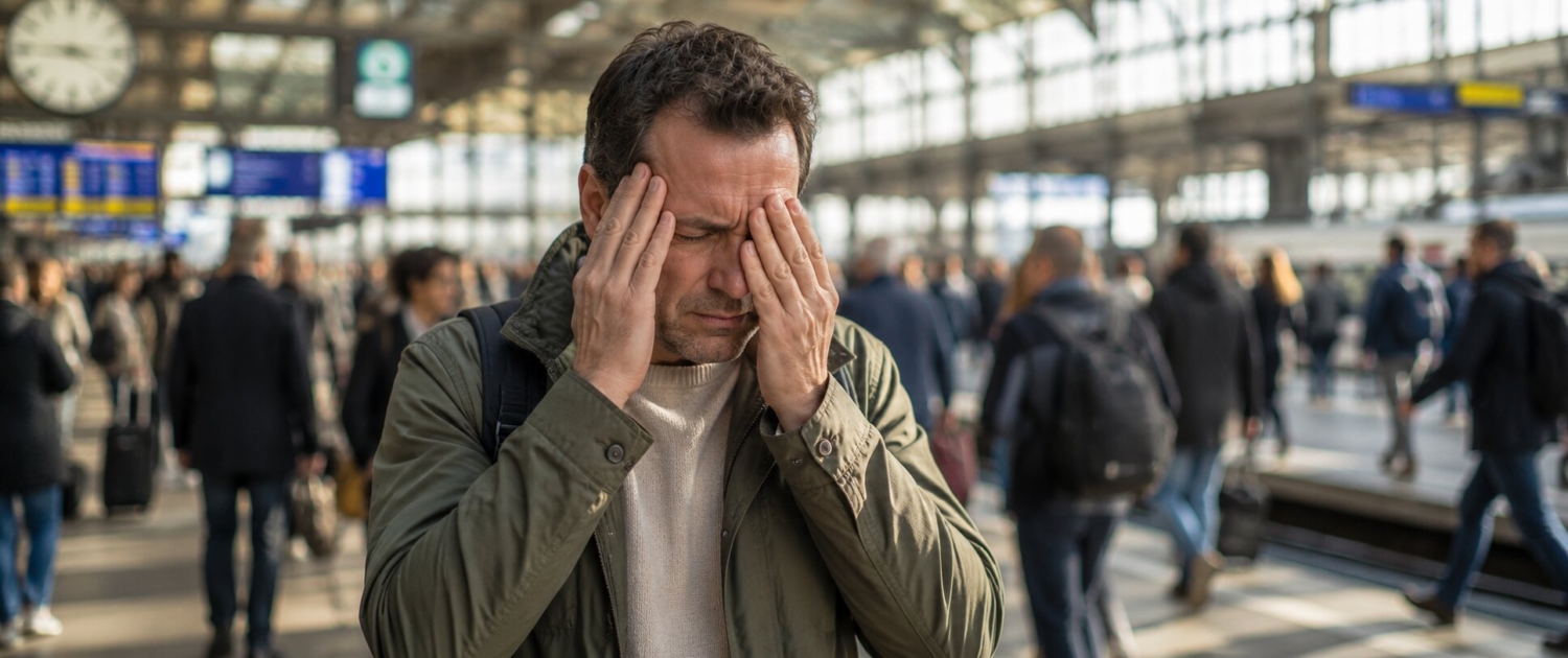 Migraine Man krijgt op het station een migraine aanval. Alle prikkels zijn te veel
