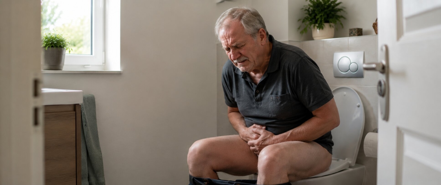 Obstipatie behandelen Man zit op het toilet en kan vanwege obstipatie niet poepen. Zijn stoelgang komt niet goed opgang en hij heeft er zichtbaar last van.