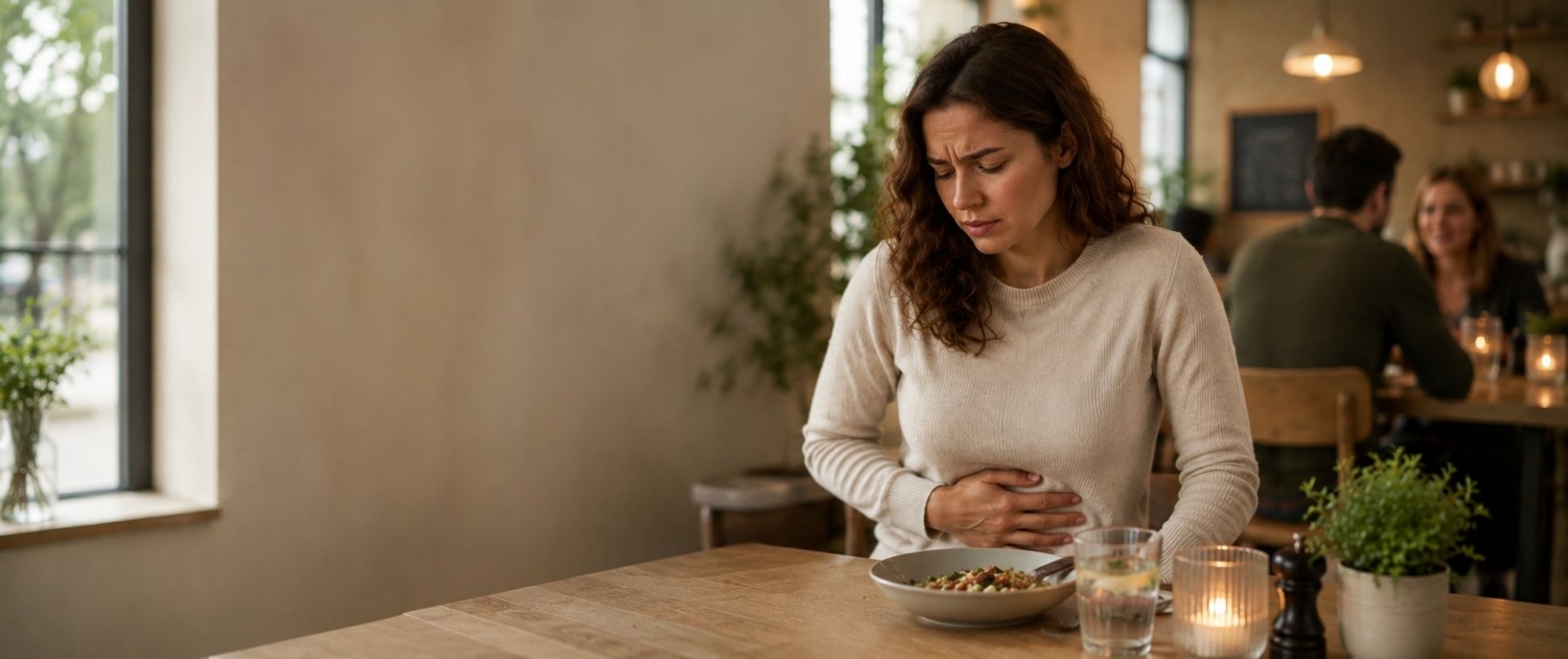 Prikkelbaar darm syndroom behandeling Vrouw in restaurant krijgt acuut last van PDS en wil naar de toilet. PDS beïnvloed haar sociale leven.