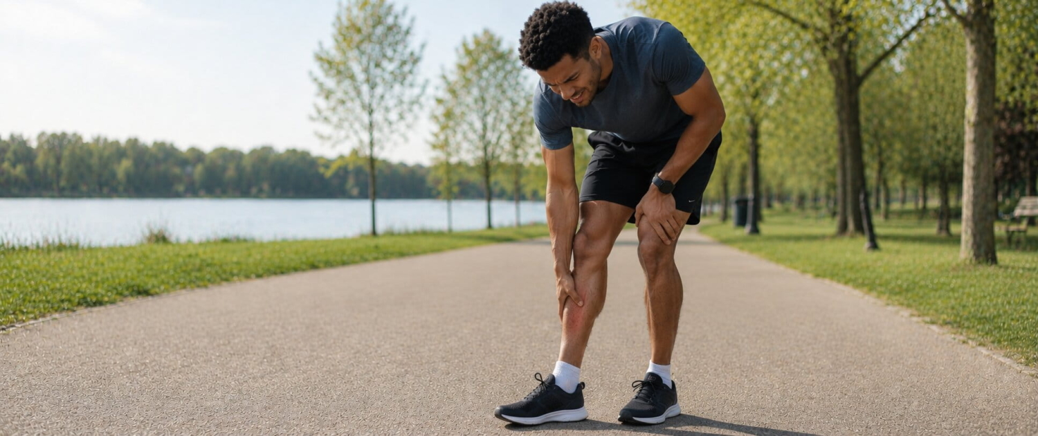 Shin splint behandelen Hardloper die zijn scheenbeen vasthoudt vanwege pijn door shin splint.