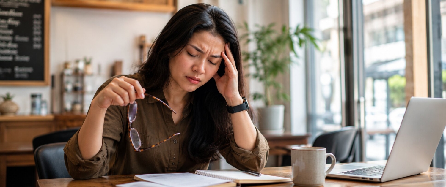 Spanningshoofdpijn Een vrouw met veel stress krijgt tijdens het werk last van spanningshoofdpijn. Ze kan zich niet meer concentreren.