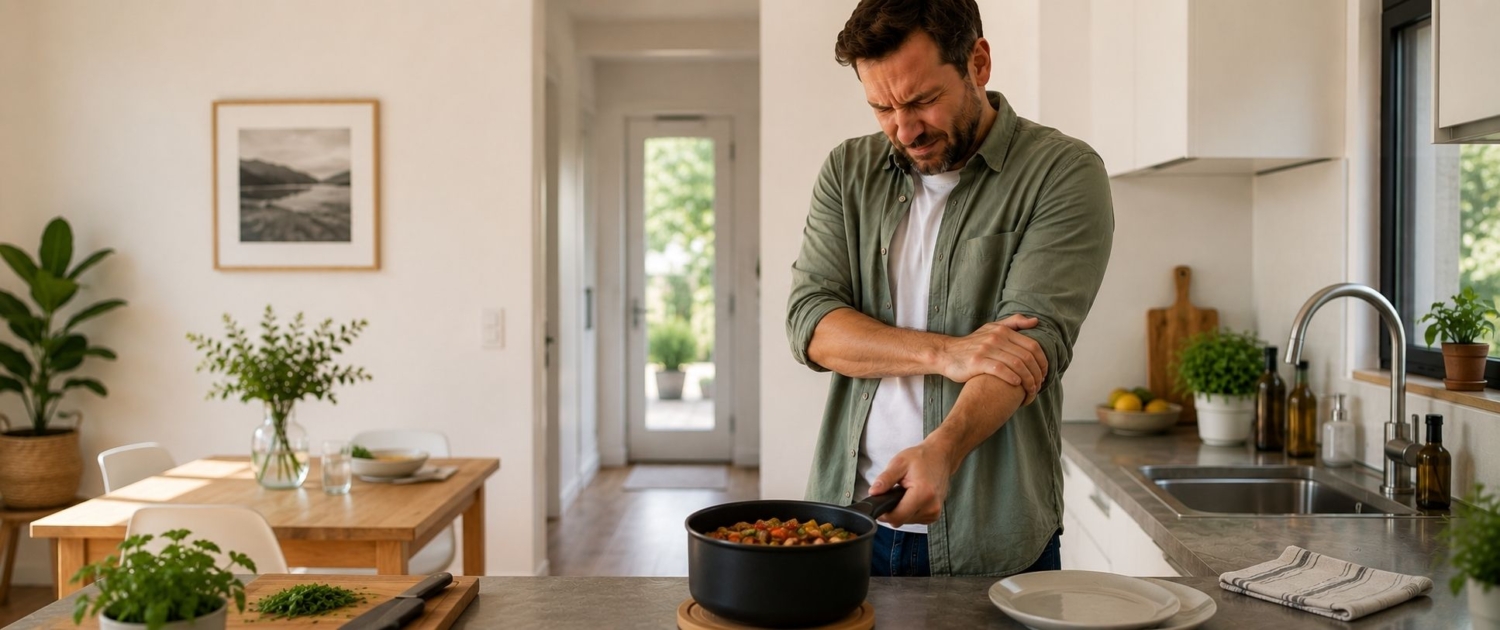 Tennisarm behandeling man heeft last van een tennisarm tijdens koken.