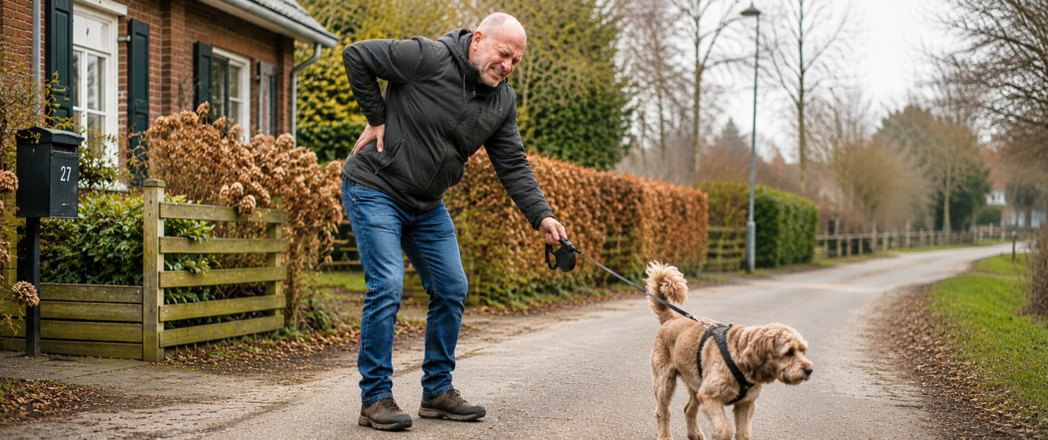 Hernia Man laat zijn hond uit en heeft heel veel last van een hernia. De hond trekt, hij zet zich schrap, zijn rug doet pijn en het straalt door naar zijn been.
