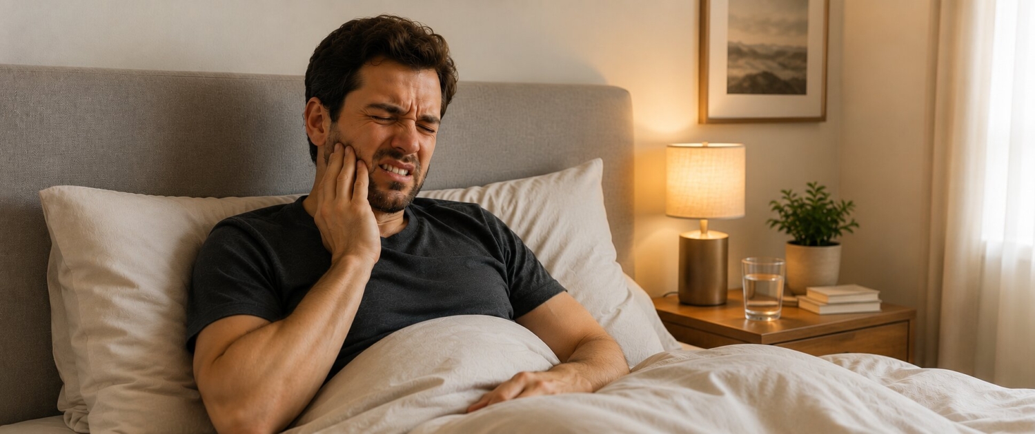 Kaakklemmen Man wordt net wakker en merkt dat hij de hele nacht heeft liggen kaakklemmen. Hij is er nog moe van.
