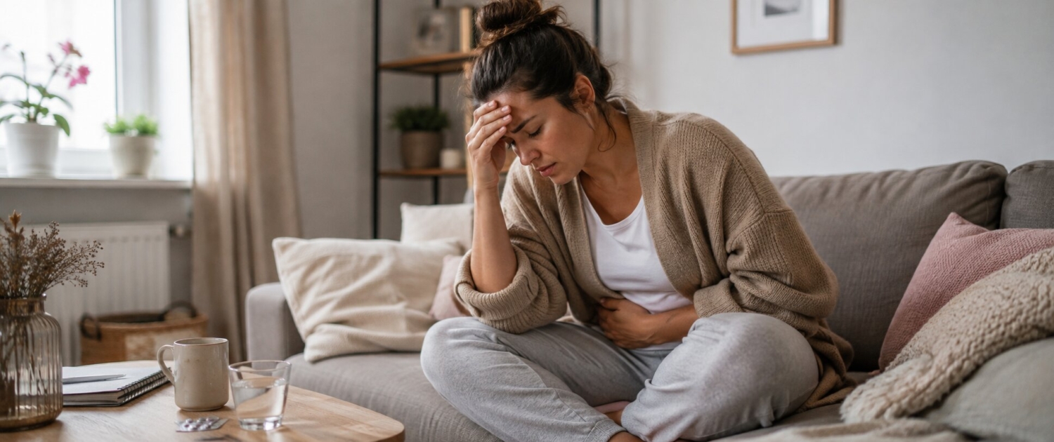 PMS Vrouw die met een hand op haar onderbuik zit vanwege PMS-klachten