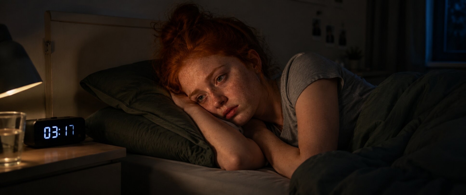 Vrouw is moe, maar nog klaar wakker. De klok zegt 03:17 uur. Nog een tijd te gaan tot de wekker gaat. Kom ik nog wel in slaap? Slaapproblemen houden je wakker.