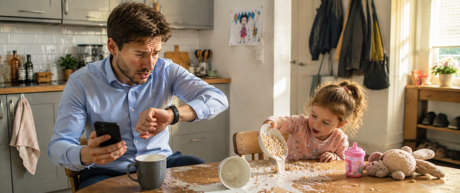 Stress behandeling Man heeft haast en moet naar zijn werk terwijl zijn dochterje nog een puinhoop maakt van de keukentafel