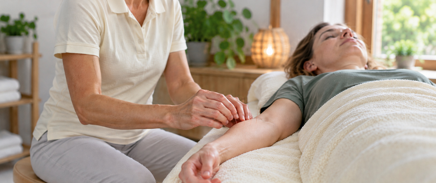 Een vrouw wordt door een acupuncturist behandeld met acupunctuur.